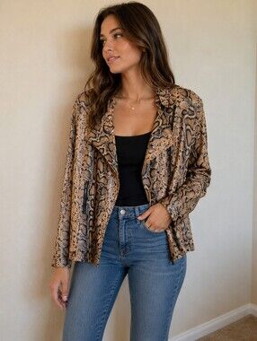 VENUS Snake-Print Draped Open-Front Stretch Jacket in Taupe and Brown Size 10